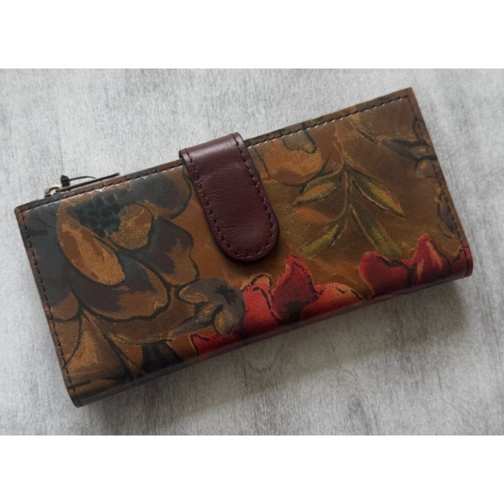 Patricia Nash NAZARI Leather Bifold Wallet Floral Sienna Sunset Brown